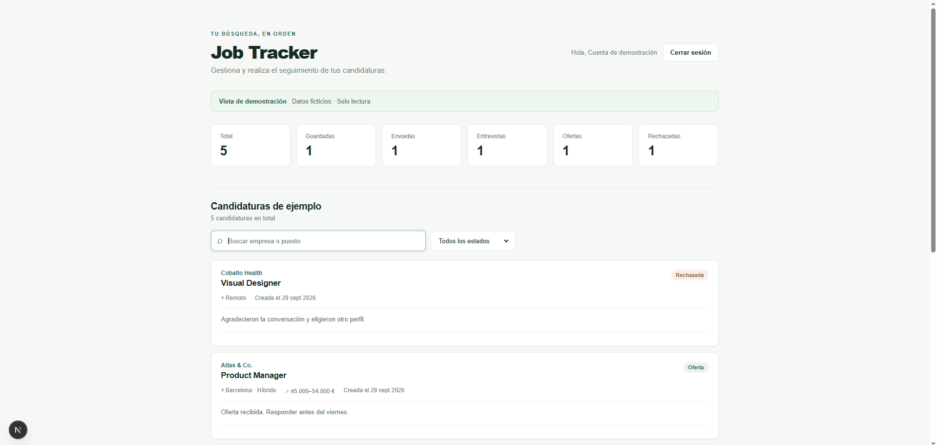 Página de inicio de Job Tracker — Gestión de Candidaturas